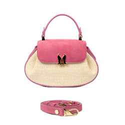 Bolso de mano para dama 042g gamuza rosa frambuesa+rafia
