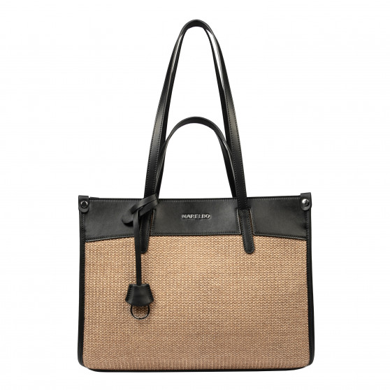 Bolso de playa para mujer 045g 01 napa negro+rafia caramelo